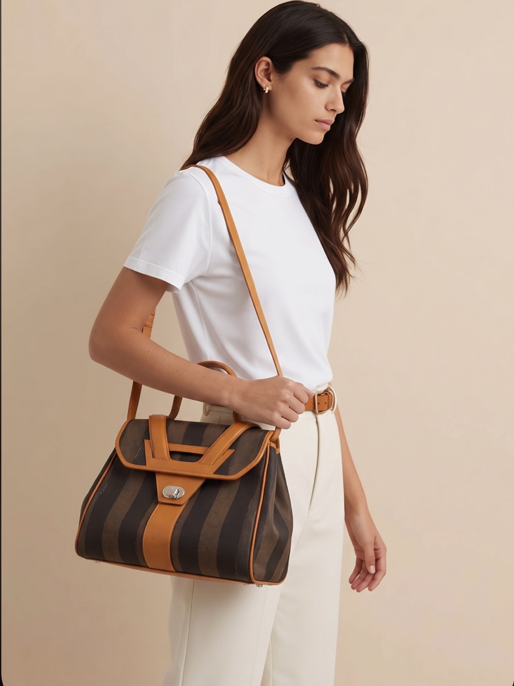 Fendi Pequin Black & Tan Striped Handbag/Crossbody Bag with Leather Trim. - Picture 7 of 17